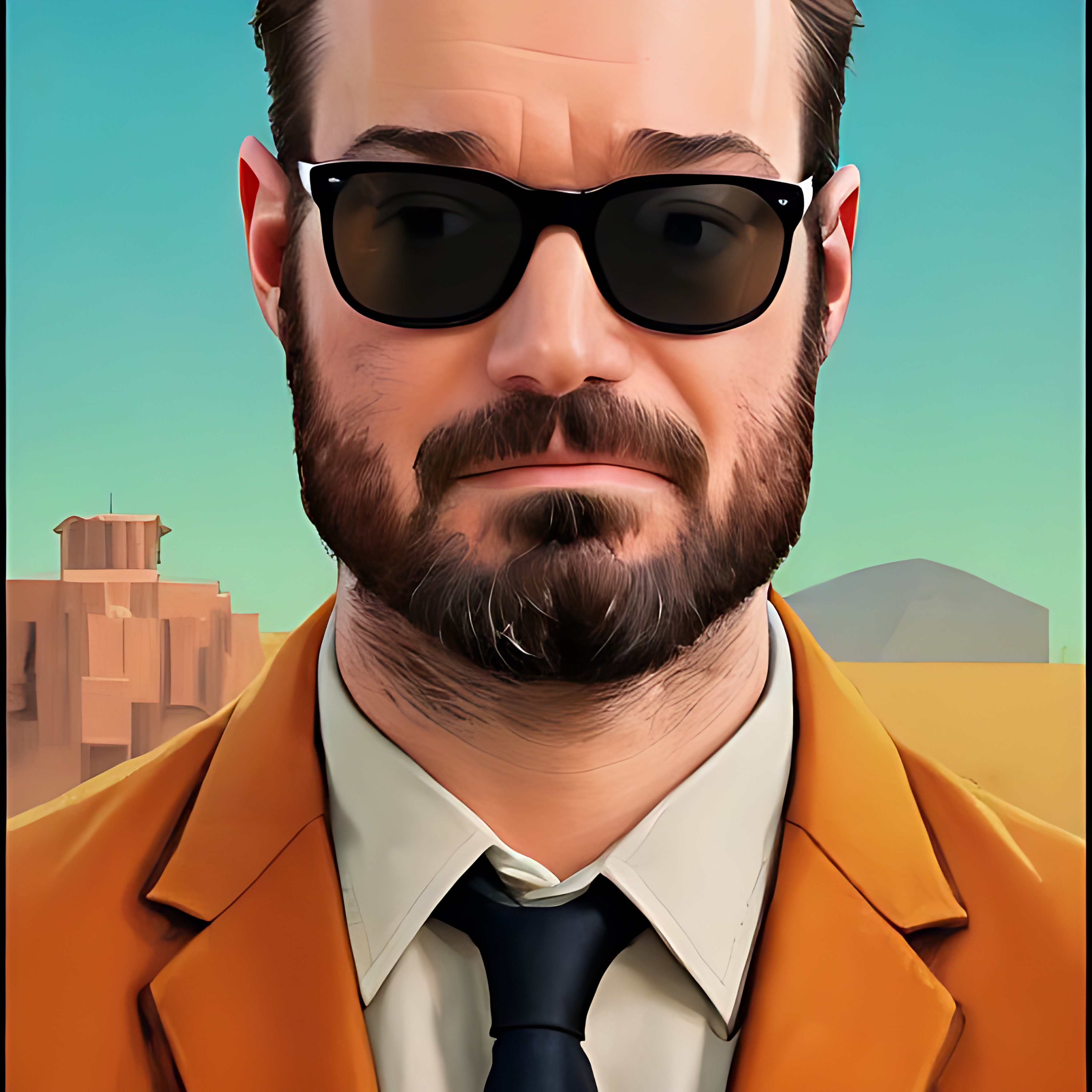 Man in a suit and tie, wearing sunglasses, in a desert