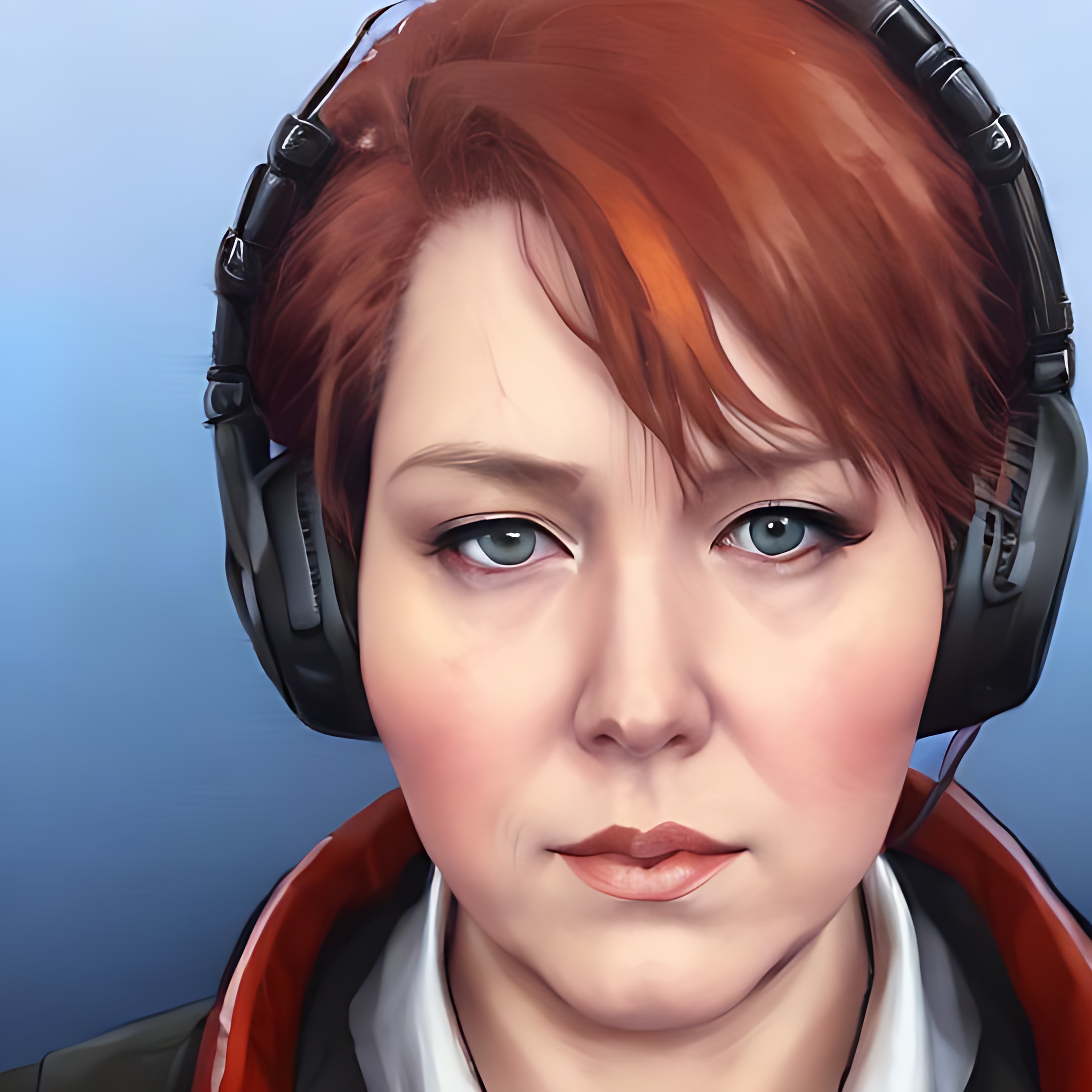 a woman with red hair and a solemn face is wearing headphones